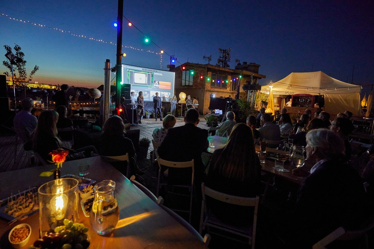 A launch of the new audivisual project during the gala evening on the Lucerna Palace's rooftop in Prague.